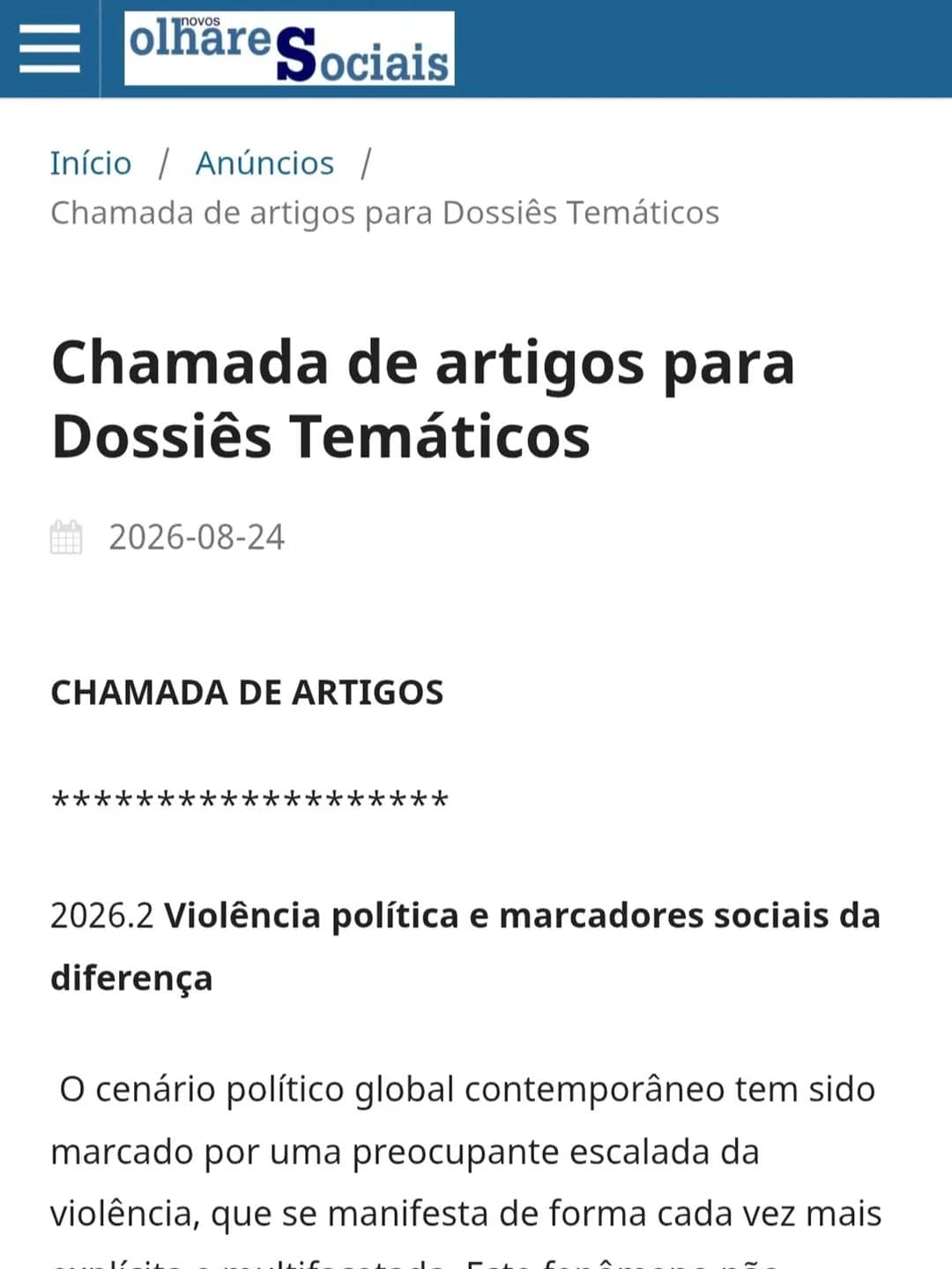 Revista Novos Olhares Sociais (UFRB): Chamada — Violência Política e Marcadores Sociais da Diferença